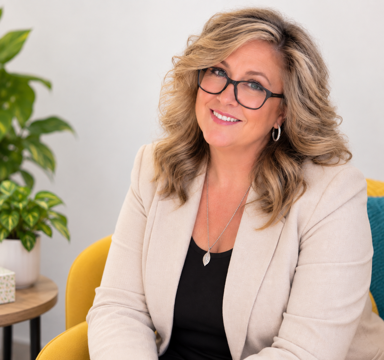 A welcoming counsellor smiling in a warm, colourful light-filled room